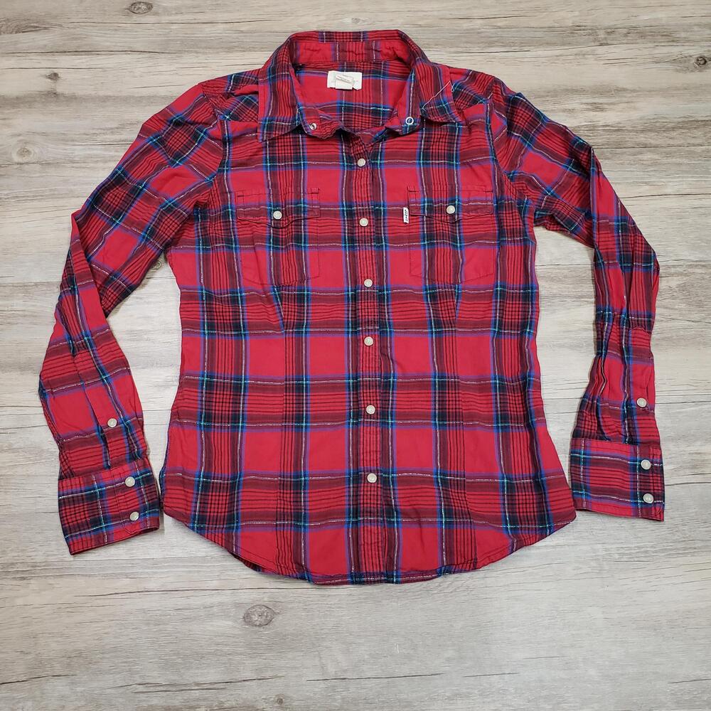 Levi's Shirt Womens Small Red Plaid Long Sleeve Button Front Western Slim Fit